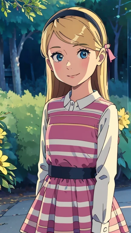 (1girl, solo, highly insanely detailed, masterpiece, top quality, best quality, highres, 4k, 8k, RAW photo),((innocent look)),((Childish)),From the front, symmetrical composition,smile,cute,Innocent,Kind eyes, kotonoha no niwa, park,flowers,lawn,trees, The Garden of Words, (penny peterson), upper body, blonde hair, hairband, blue eyes, pink dress, white shirt, long sleeves, layered dress, striped dress,  