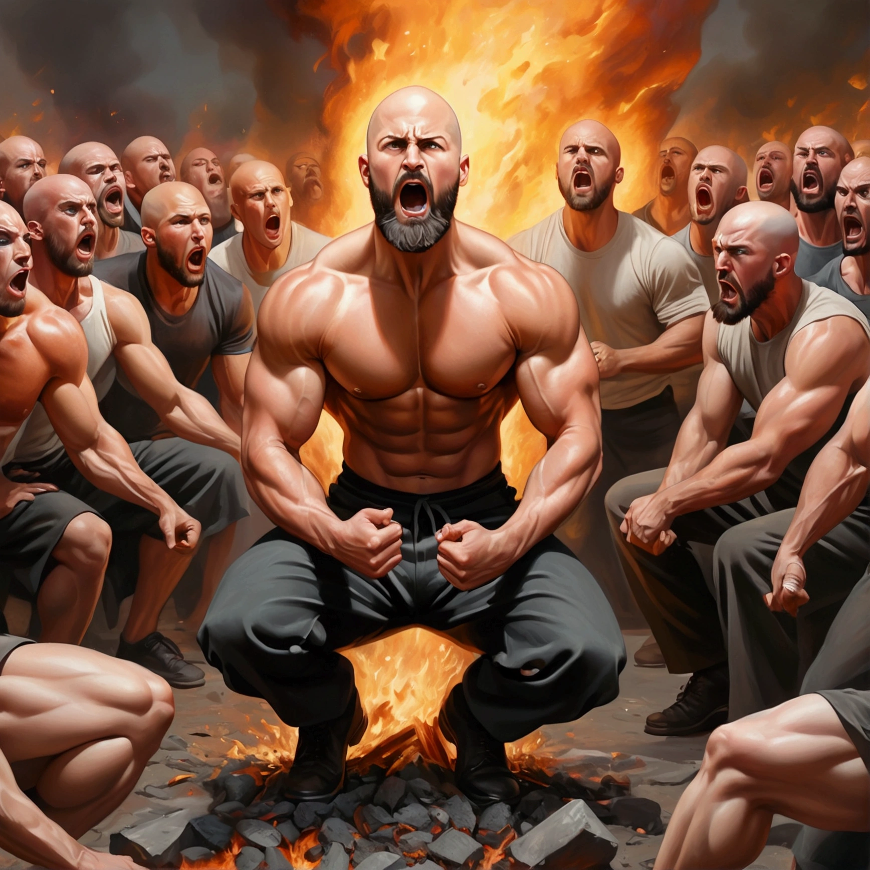 bald, with a neat beard, muscular man of 30 years old, serious concentrated face, rises from the ashes, rises from his knees, from all sides a crowd of different people men and women, shouting something at him condemning, focus on the man, shooting from below, oil painting