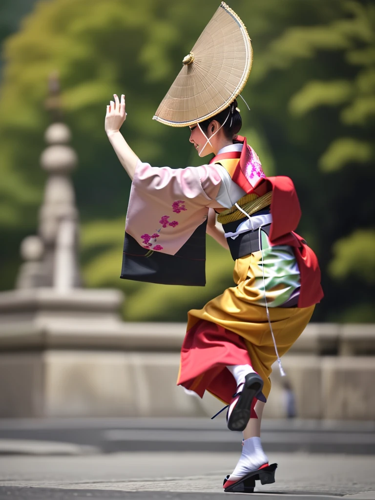 Photo-realistic quality、A woman wearing a pale pink kimono and a hat is in the park, traditional Japanese kimono, A professional masterpiece, Beautiful images, Japanese Model, Traditional Japanese Kimono Japanese Bon Odori,A soft and gentle look、Woman dancing Awa Odori、White Arms、Wearing black clogs