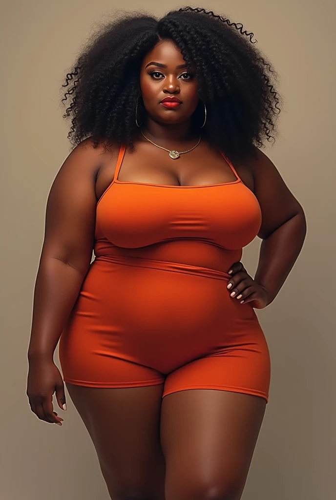 A fat black woman with curly hair wearing short clothes