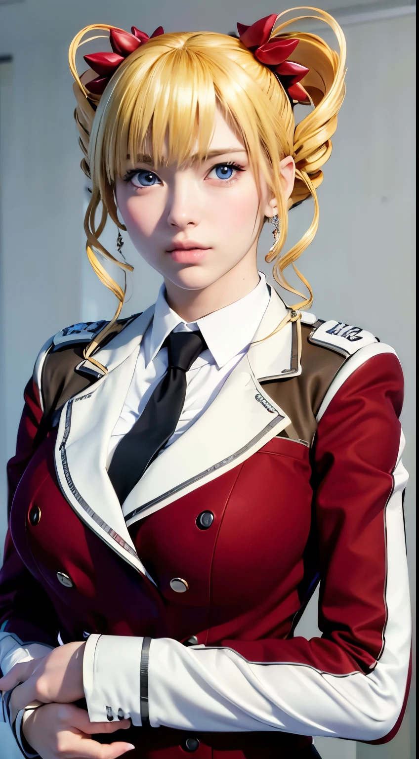 *8K masterpiece, Highest quality, Highest quality, Official Art, (Beauty and aesthetics: 1.3), Very detailed, realistic, Realism, photoRealism, photo-realistic, high contrast, (photorealistic:1.4), (perfect female figure), 8k high definition detailed realistic, (best quality, masterpiece:1.2), best quality, highly detailed, 1girl, looking at the viewer, upper body, from front, red clothing, school uniform, blazer, grumpy, big breasts, blonde hair, Blue eyes, pale skin,