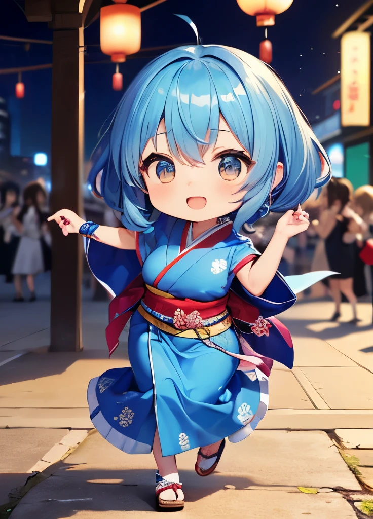 (((Dance Band)))、Blue-haired chibi character、A beautiful depiction using tens of thousands of colors、masterpiece、Ultra HD、super high quality、8k、(((ミキシングしながら踊ってるBlue-haired chibi character)))、A delicate and cool sari-style outfit combined with a Japanese festival theme
