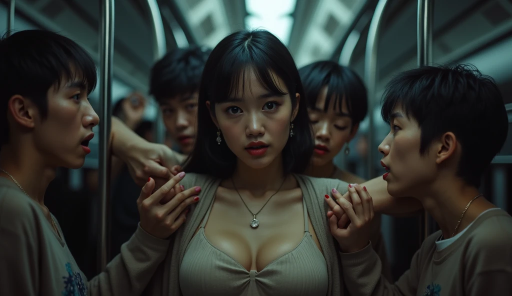 (32K:1.9, Horror depictions:1.9, Highest quality, masterpiece, Ultra-high resolution, Professional random angle camera work:1.5, Very detailedな肌と顔の質感:1.4), Always accurate, Very detailed, bag, (Cute Japanese Woman, Camisole dress and cardigan:1.6, Incredibly slim body:1.3, areola is not visible:1.4, Big breasts on the verge of collapse), ((Crowded train:2.0, Crazy behavior:1.9, in the train、Two young men hugging a woman from behind:1.7)), belt, Fair skin, elegant, sense of cleanliness, Thin eyebrows, (Surprised:1.0, Puzzled:1.0, A look that shows deep contempt for you:1.3, Big eyes that exude beautiful eroticism:0.4, Please open your mouth a little, lipstick, Feel the beautiful eroticism:1.0, Dark brown medium hair), Earrings, necklace, bracelet, romantic, mysterious, Object of admiration, original, dramatic, artistic, Innovative, charm, Heartful, Fancy, Tilt, sense of loss, special, ((exciting, Extreme, sense of openness, suffering, sufferingの表現)), ((Mistakes of Youth, 女性的なcharm))