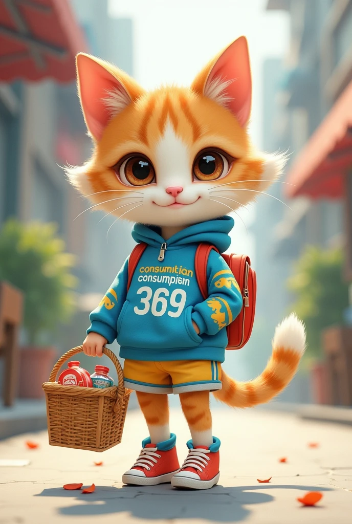 Make my facebook profile picture a girl, she wears youthful clothes, personality blue white and yellow, on the clothes there is Vietnamese writing " Consumption 369 " , her face is the face of a cute cat, she has a shopping basket
