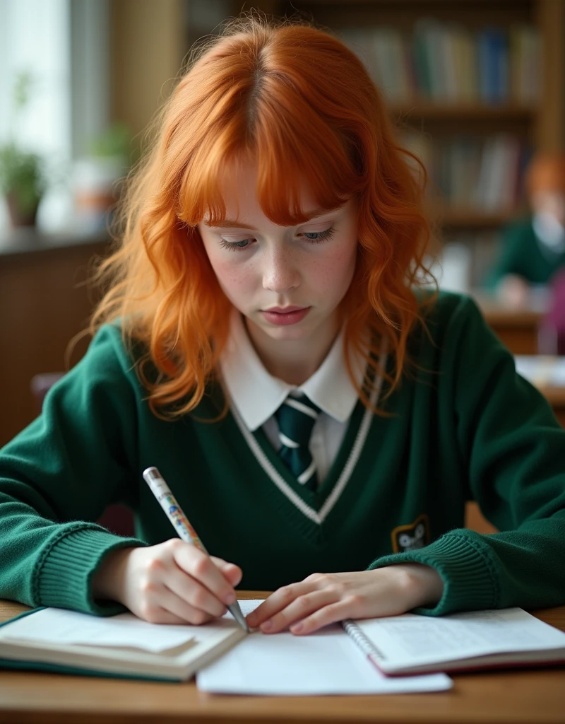 Developing cultural and intellectual skills, education according to the curricula prescribed for students ,  receiving information in the classroom, a close-up picture of a   student  with  ginger hair ,  wearing a  green uniform  sitting on a school desk, performing school assignments