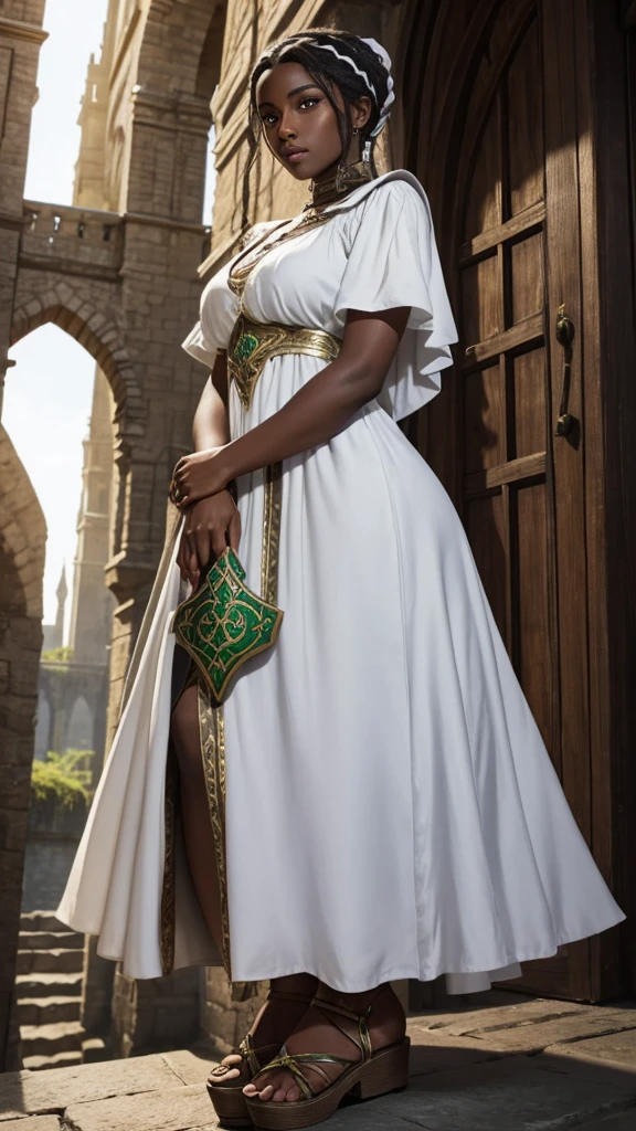 Noble dark skinned medieval fantasy woman in a white medieval dress hair tied up green eyes on a platform