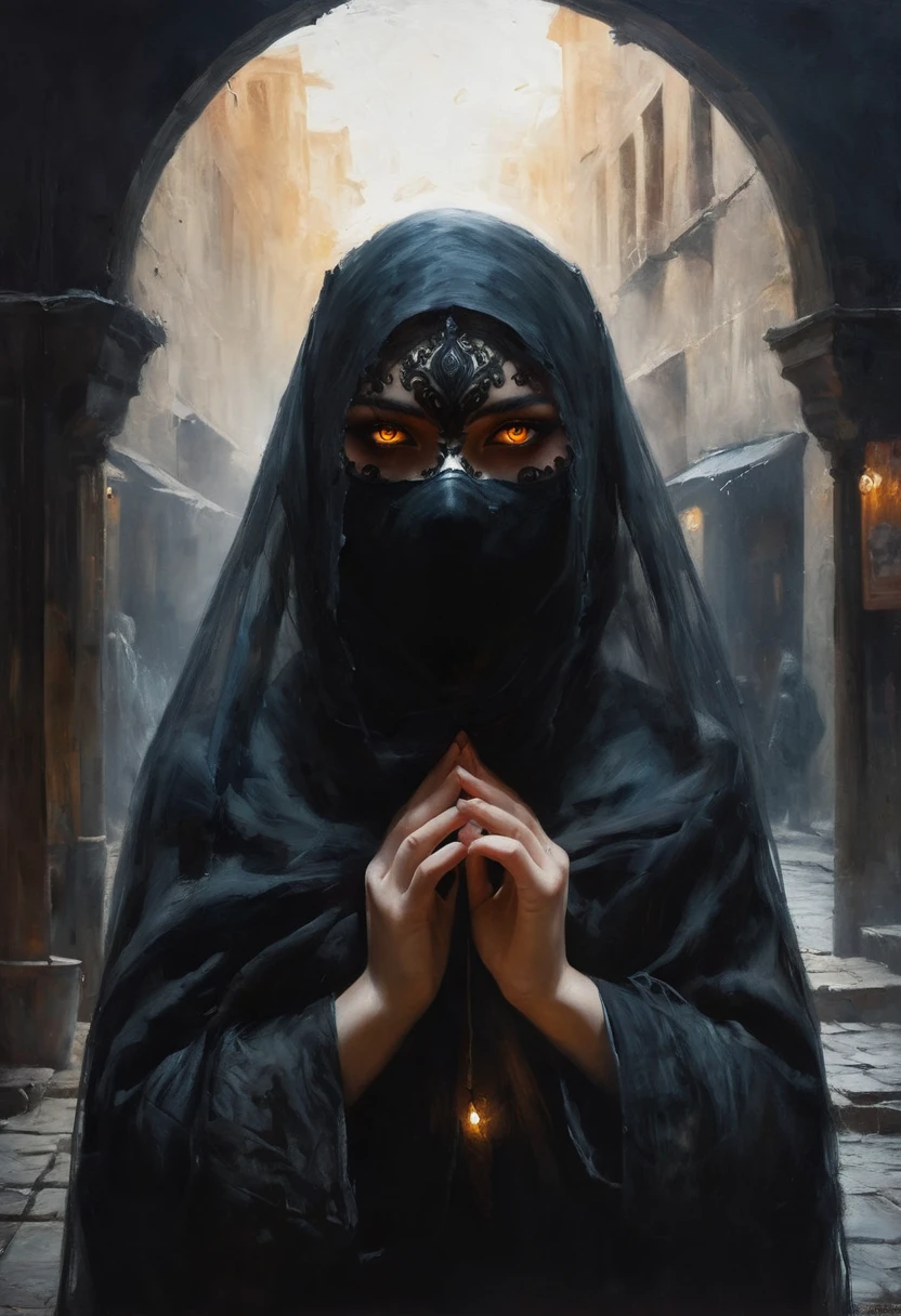painting of a werewolf girl in the market of the eastern city at noon, hides her face behind a veil, cunning cat-like burning eyes, dark atmosphere, cinematic scene, volumetric lights, ultra realistic, in the style of nicola samori