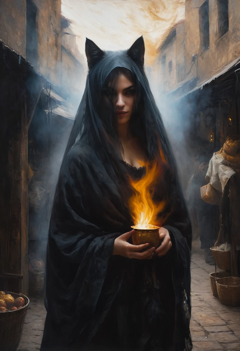painting of a werewolf girl in the market of the eastern city at noon, hides her face behind a veil, cunning cat-like burning eyes, dark atmosphere, cinematic scene, volumetric lights, ultra realistic, in the style of nicola samori