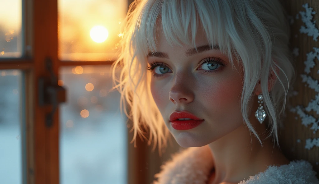 SHE HAS EVERYTHING THAT MAKES A WOMAN WONDERFUL, she looks like she's only 18 and looks quite young, closeup on face, SHE HAS A ROUND FACE AND WHITE HAIR, her hair is short and she wears bangs down to her eyebrows, the most beautiful of all women, PERFECT FEATURES, EVERY DETAIL OF HER FASCINATES THOSE WHO SEE HER, the tip of your nose and cheek is red, She has a wide mouth with full lips that are covered in red glossy lipstick, she looks at me winking one eye, ela faz pout com se fosse me beijar, (painting:1.5),(pout:1.6), )your gray eyes look straight at me, she wears makeup and long eyelashes, your nose is long thin UPTUCKED, I can clearly see every detail of your perfection, white hair like his gray eyes, your eyebrow is well done and defined, She wears a diamond bracelet, earrings and necklace that sparkle, your collarbone is well defined, your neck is thin, hair fluttering in the wind, It's a beautiful day in the snow, she is looking at the sky sitting at the door of her house, It's a beautiful winter sunset, Golden hour, She has fair skin, your beauty is impeccable, the snowflakes fall on your face, She wears striking makeup with red eye contour, she wears eye shadow, backlighting, backlighting, film grain, clair obscur, depth of field, cinematic lighting, 16K, super detail, uhd, textured skin, award winning
