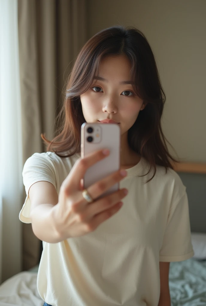 Japanese women、bedroom、Selfie、fair skin、Big Breasts、single eyelid、Year: 35、Moderate、T-shirt、wedding ring