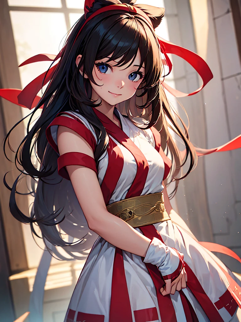 (masterpiece、top-quality、hight resolution、Unity 8k、extremely details CG:1,Best Picture), ((red ribbon)), hair band, small breasts, fingerless gloves , short sleeves, "A seductive woman posing provocatively, fully aware that this photoshoot will be used as 'Masturbation material.' Her expression is one of playful acceptance, with a hint of a knowing smile."