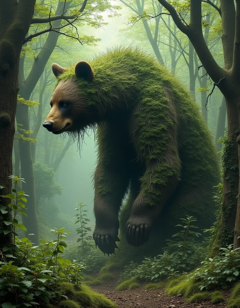 Imagine a fantastical forest scene. Amidst the verdant spread of towering trees, the branches mysteriously intertwine to shape the figure of a bear. The natural elements seem to be orchestrated in such a way that they artistically embody this creature of the wild.