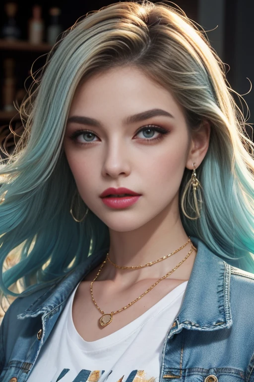 full body of a beautiful ethereal woman, her very long aqua hair cascading down in soft waves, framing a face of extreme detail and elegance. Her eyes, big and colorful, boast three gradient Whiteshades of eyeshadow and eyeliner, accentuating her double eyelids and long lashes. Rosy cheeks adding a touch of warmth to her ethereal beauty, and her skins glossy texture shines in the cinematic light, highlighting each and every realistic pore and Wrinkle. Full lips adorned with golden glitter on her lipstick, complementing the aquaand Whitejewels she wears around her neck and wearing ((Distressed denim mini skirt with a tucked-in graphic tee, completed with white sneakers, a denim jacket, and layered necklaces),