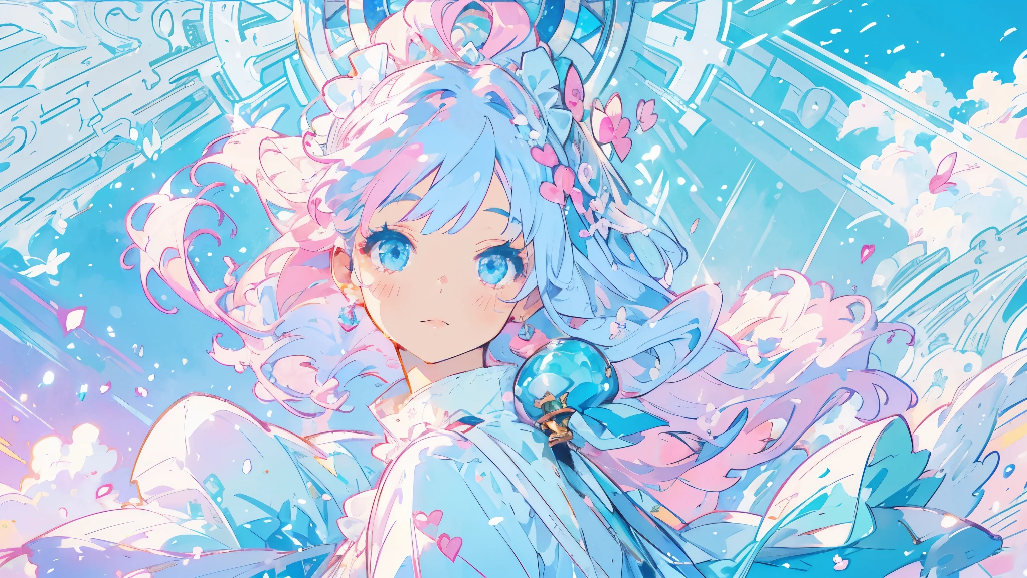 Pink and light blue hair、Girl、In a fantastic light、Perfect Face、Cute face、Blue sky、Maid clothes、Light dances、farewell