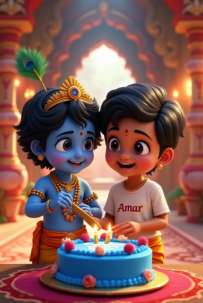 A highly detailed and vibrant animated scene inside a beautifully decorated temple, featuring two young children celebrating Janmashtami. The first child, resembling Lord Krishna in his childhood form, has blue skin, a peacock feather crown, and golden jewelry. He is smiling while cutting a blue cake with the text "HAPPY JANMASHTAMI" written on it. The second child, dressed in a white T-shirt with "AMAR" printed on it, has a natural skin tone and stylish black hair. The background showcases a richly decorated temple with lights, intricate patterns, and festive decorations, creating a joyful and spiritual atmosphere. The children’s expressions are joyful, capturing the essence of the celebration.