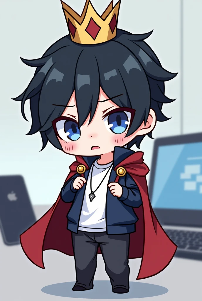 Red Cape,male,Black Hair, Asymmetrical bangs, Parting the bangs,Blue Eyes,Drooping eyes,White T-shirt,Navy blue jacket,smartphone,computer,Simple background,cool,Illness,Confused eyes,Distributor,crown,King,Chibi Character