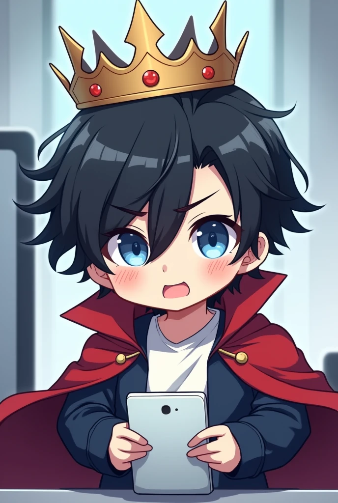 Red Cape,male,Black Hair, Asymmetrical bangs, Parting the bangs,Blue Eyes,Drooping eyes,White T-shirt,Navy blue jacket,smartphone,computer,Simple background,cool,Illness,Confused eyes,Distributor,crown,King,Chibi Character