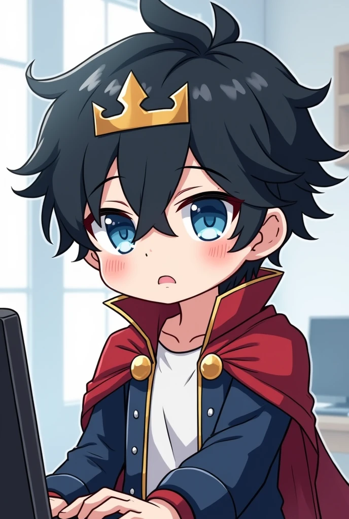 Red Cape,male,Black Hair, Asymmetrical bangs, Parting the bangs,Blue Eyes,Drooping eyes,White T-shirt,Navy blue jacket,smartphone,computer,Simple background,cool,Illness,Confused eyes,Distributor,crown,King,Chibi Character