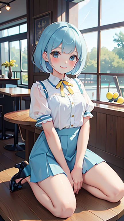 (from the front), Fisheye Lens, Beautiful , Curvy, Flat Chest, Small breasts，Underbust, (Kneeling on the round table), (On the table:1.5), (Leg spread), (Hot lemonade between my legs:1.3),Steam rising from hot lemonade， (Classic puffy short sleeve ruffled blouse), (Light blue mini skirt), (A see-through button-up shirt), (Neck ribbon)+ Thighs, High heels, (View your viewers:1.5), (Embarrassing:1.3), (Smile), (vapor:1.3), (Girl trembling with sexual climax:1.3), Mid-length hair, Light blue hair,Bobcut, Wavy Hair, Glowing Skin, (coffee shop), window, morning, (crowd:1.3), (masterpiece, Highest quality, High resolution:1.3), Perfect Anatomy