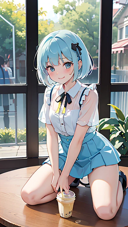 (from the front), Fisheye Lens, Beautiful , Curvy, Flat Chest, Small breasts，Underbust, (Kneeling on the round table), (On the table:1.5), (Leg spread), (Hot lemonade between my legs:1.3),Steam rising from hot lemonade， (Classic puffy short sleeve ruffled blouse), (Light blue mini skirt), (A see-through button-up shirt), (Neck ribbon)+ Thighs, High heels, (View your viewers:1.5), (Embarrassing:1.3), (Smile), (vapor:1.3), (Girl trembling with sexual climax:1.3), Mid-length hair, Light blue hair,Bobcut, Wavy Hair, Glowing Skin, (coffee shop), window, morning, (crowd:1.3), (masterpiece, Highest quality, High resolution:1.3), Perfect Anatomy