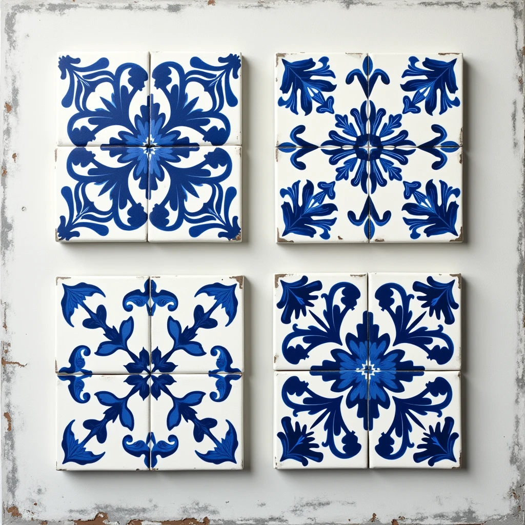 A grayscale artwork of a set of four canvas prints. Each print features a blue and white tile pattern. The patterns are geometric and floral, with each tile framed in a white border. The overall effect is one of symmetry and balance. The background is a rustic, distressed white, giving the artwork a vintage feel.