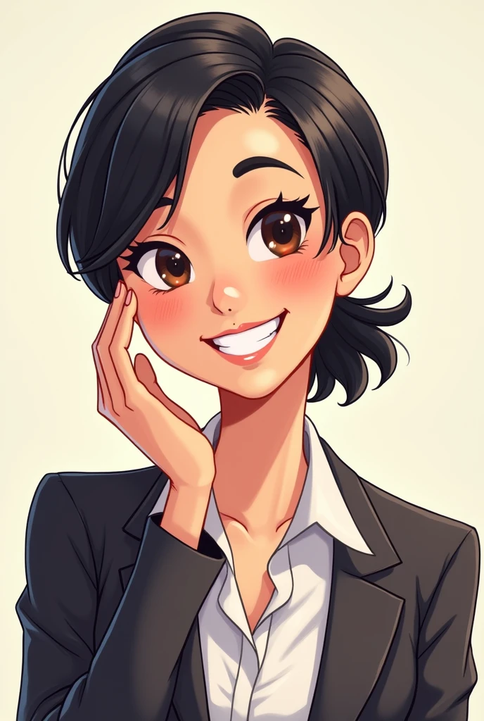 
"Create a cartoon style portrait like Gravit Falls and a warmly smiling woman. She has short dark hair and is wearing a professional outfit., including a blazer. The background should be simple and clear to keep the focus on your happy expression.. The woman must have a friendly and welcoming attitude, with the hand gently touching the cheek. with a ponytail