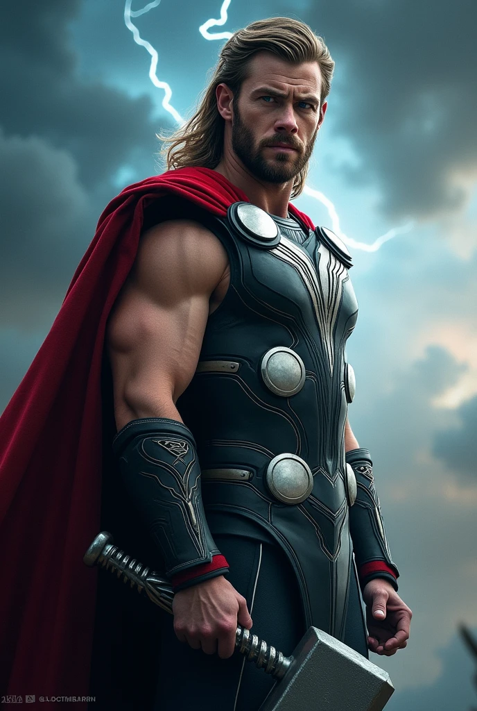 Make a half body image of thor with his hammer weapon, and thor look like chris hemsworth 