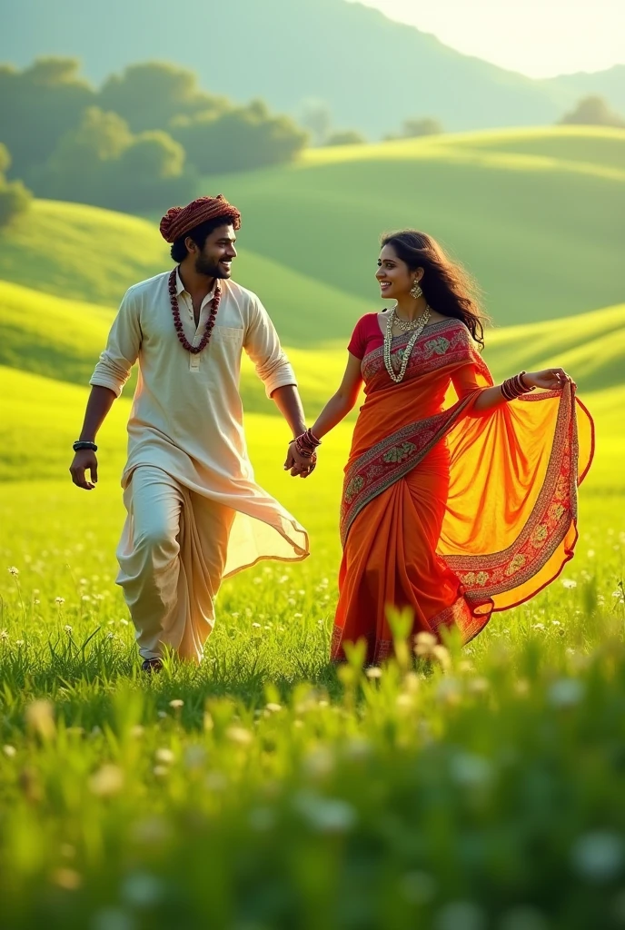 Indian village man age 24 years with thala paga gochi and long shirt with girl in saree seperate at some distance both are happily dancing in green and light yellow fields