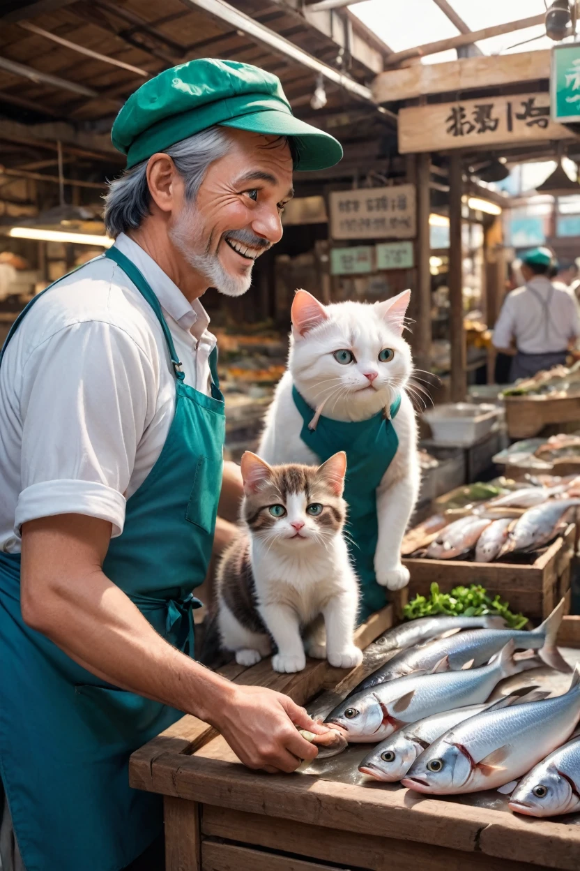 In the middle of the crowded fish market, two cats stand hard at work. The first cat is the father, looking a little older, with dark brown fur and calm, strong features. He wears an old green hat and a green apron that covers part of his simple white shirt, which shows some traces of daily work. His face reflects wisdom and experience, and he smiles a friendly smile that expresses his pride and satisfaction as he looks at his son.

The son, a small cat with light gray fur, stands next to his father, wearing a blue apron and a bright white shirt. His eyes are wide and reflect enthusiasm and determination, and his face shows an expression full of admiration for his father. He is busy sorting the fish, trying to imitate his father's movements precisely. His facial expressions show seriousness and focus, with a touch of happiness and gratitude for being by his father's side. The market is full of life, the sounds of merchants and customers fill the air. There are wooden tables covered with ice, with different types of fresh fish carefully arranged. Natural light streams in through holes in the market ceiling, adding a warm and bright atmosphere to the place. In the background, customers can be seen wandering between tables, stacks of fish for sale, with wooden signs labeling the species and their prices. The atmosphere reflects a busy day at the fish market, where everyone is energetic and active.