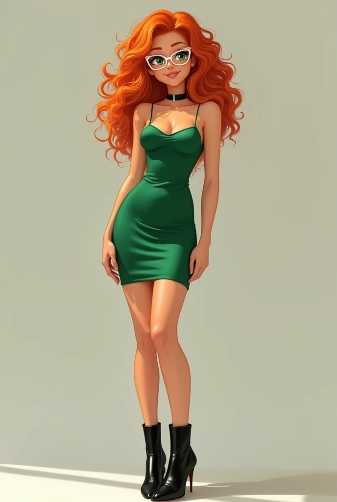 A wonderful woman with curly orange hair, 5'1 height, 105 lbs, medium breasts, green eyes, beautiful smile, stylish white eyeglass, wearing a short green dress and black boot, full-body shot