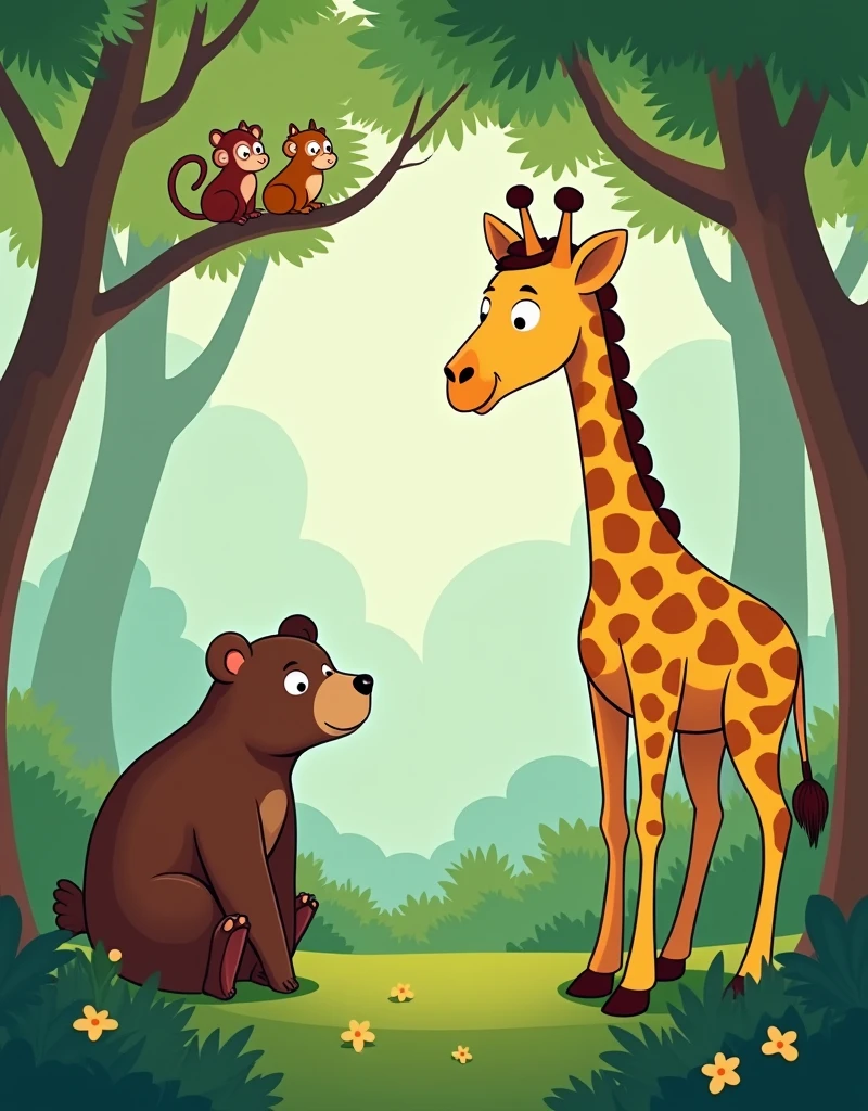 Illustrate a clipart-style image set in a lush green forest. There's a bear and a giraffe in friendly conversation, their gazes locked indicating a deep discussion. Nearby on a large tree branch, a monkey and squirrel are hanging effortlessly, observing the oddly paired friends with curiosity. The image should be infused with the natural colors of the forest and the distinctive colors of the forest inhabitants.