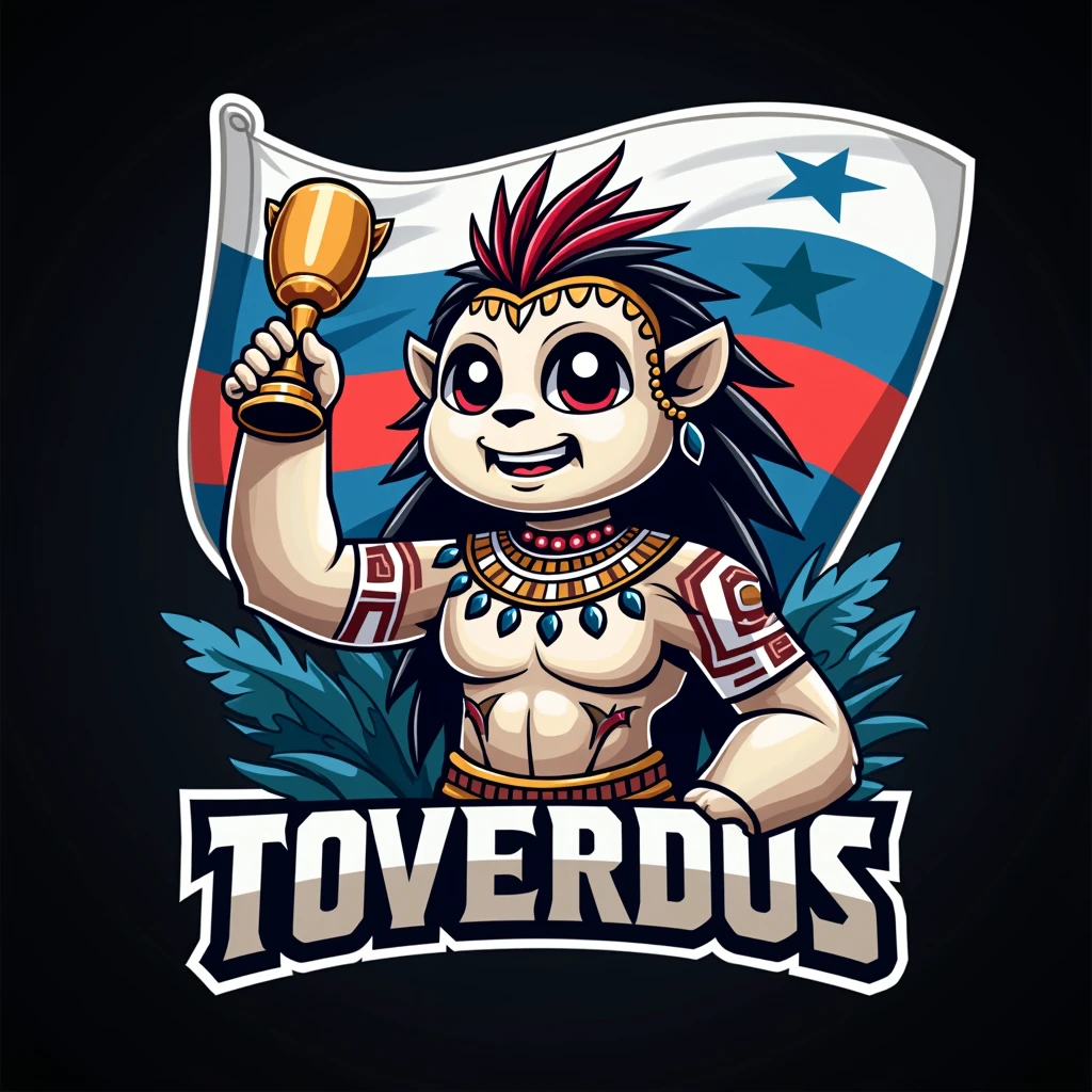 Create a sports logo with the name ALDEIA with an Indian mascot holding a trophy