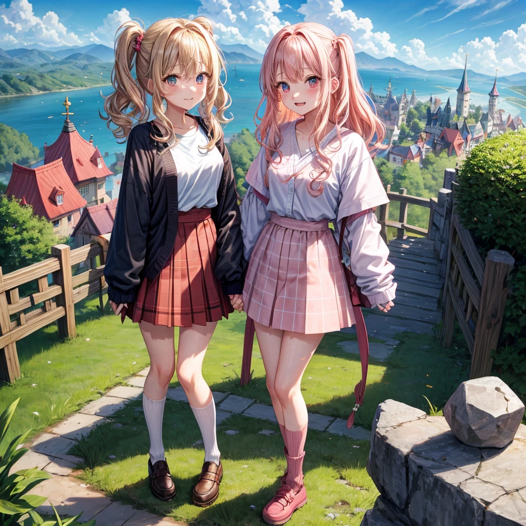 Pink Blonde、Red eyes、Wavy Hair、Hair tied up、Two cute、Checked mini skirt、black t-shirts、cardigan、Knee-high socks、Teeth are visible、Monster Castle、Tilting face、windmill、grass、Stones are growing out of the ground.、Holding hands with a teddy bear、In front of the city gates、Underground tunnels、Waterway、Wooden bridge、The stone is cracked