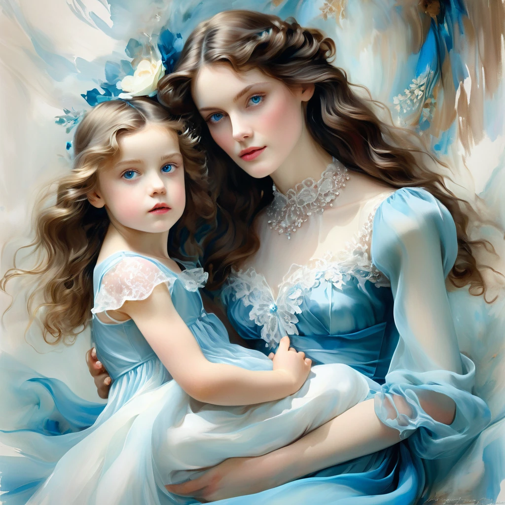 Girl with long wavy brunette hair, holds one small child in his arms, with blue eyes, Beautiful, how fashionable , She is wearing an azure transparent chiffon dress with white lace, the style of the artist John Singer Sargent, eye contact, 8 K,12K, 