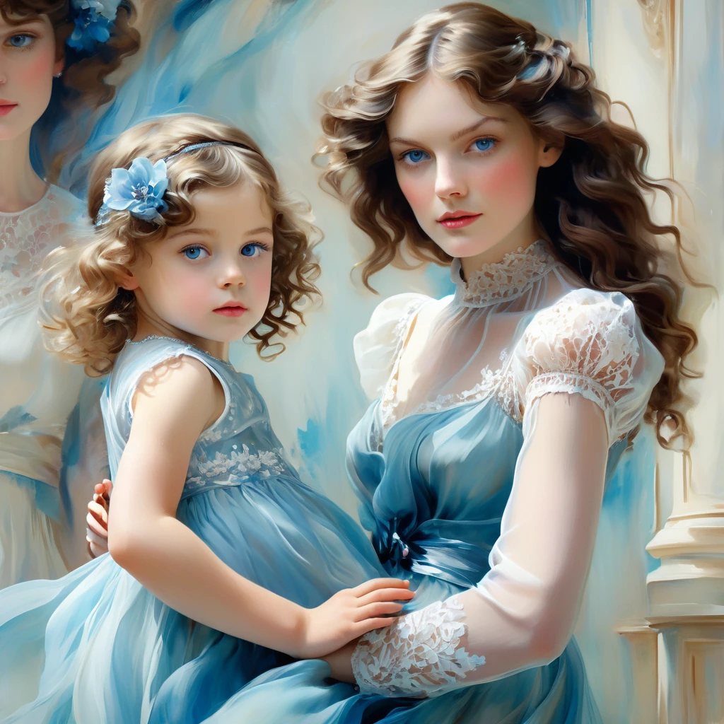 Girl with long wavy brunette hair, holds one small child in his arms, with blue eyes, Beautiful, how fashionable , She is wearing an azure transparent chiffon dress with white lace, the style of the artist John Singer Sargent, eye contact, 8 K,12K, 