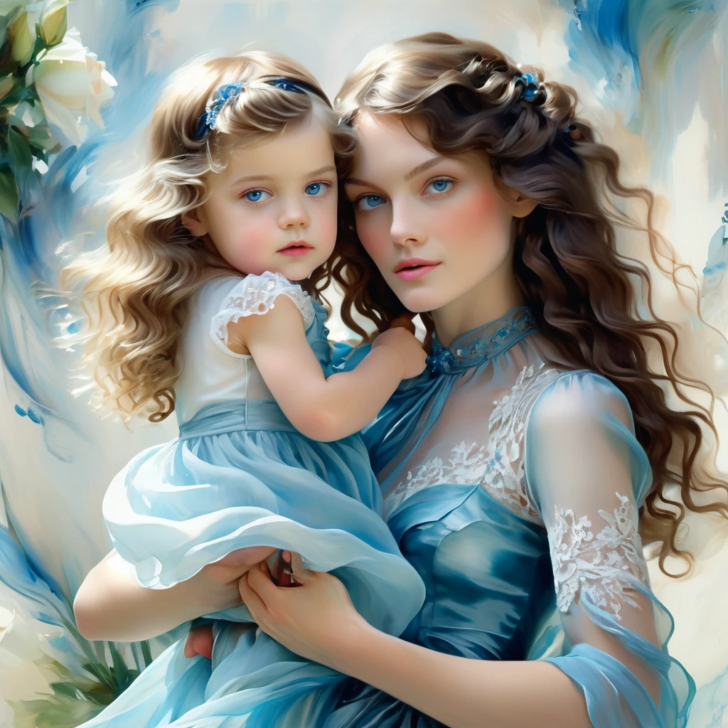 Girl with long wavy brunette hair, holds one small child in his arms, with blue eyes, Beautiful, how fashionable , She is wearing an azure transparent chiffon dress with white lace, the style of the artist John Singer Sargent, eye contact, 8 K,12K, 