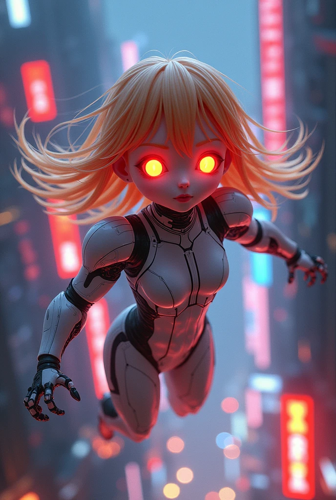 (sfw), intricate details, 1girl, night, (bright neon colors), ((flying over futuristic cyberpunk city)), detailed background, (petite cyborg girl, ((cute perfect face, bright glowing red eyes)), (perfect anatomy, perky breasts), (absurdly long gradient orange and white hair, hair blowing in the wind)), detailed ribbed impossible bodysuit, shoulder armor, cybernetic limbs, dynamic angle,