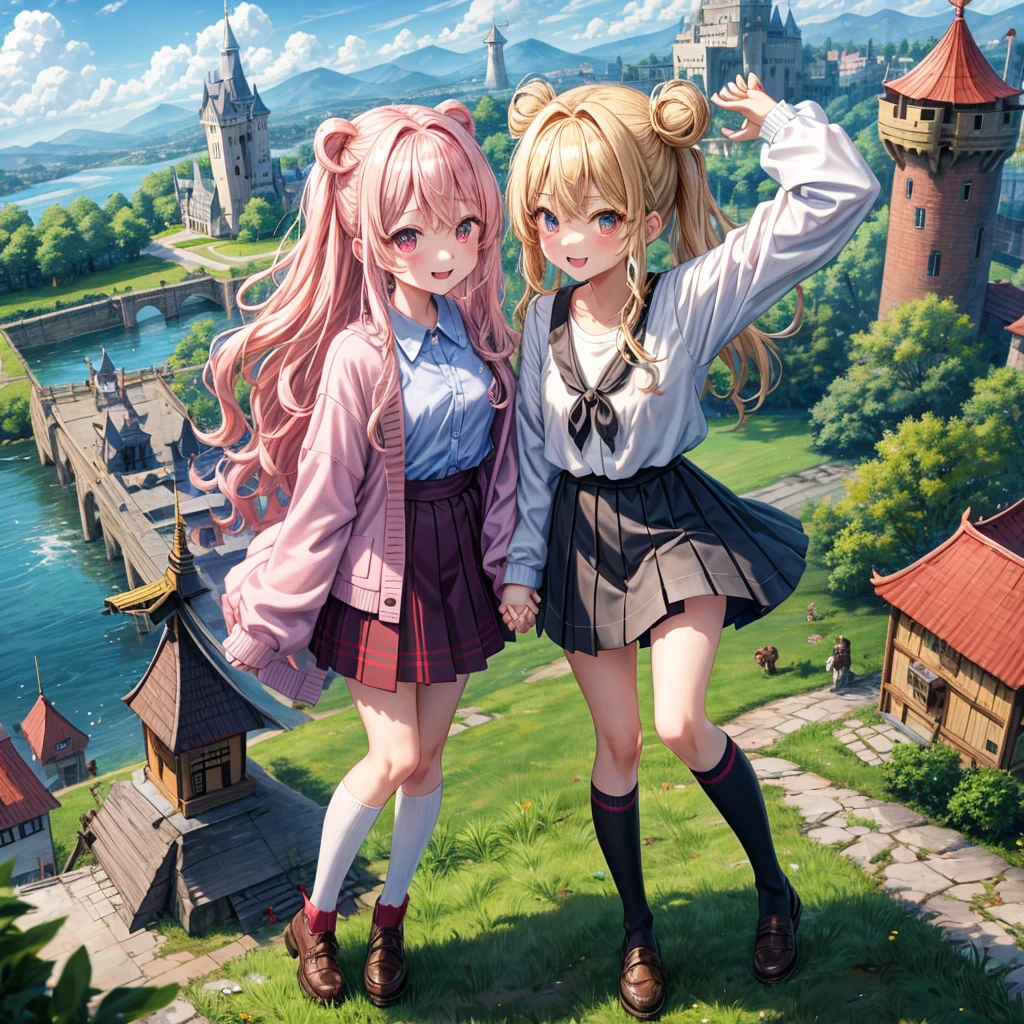 Pink Blonde、Red eyes、Wavy Hair、Hair tied up、Two cute、Checked mini skirt、black t-shirts、cardigan、Knee-high socks、Teeth are visible、Monster Castle、Tilting face、windmill、grass、Stones are growing out of the ground.、Holding hands with a teddy bear、In front of the city gates、Underground tunnels、Waterway、Wooden bridge、The stone is cracked