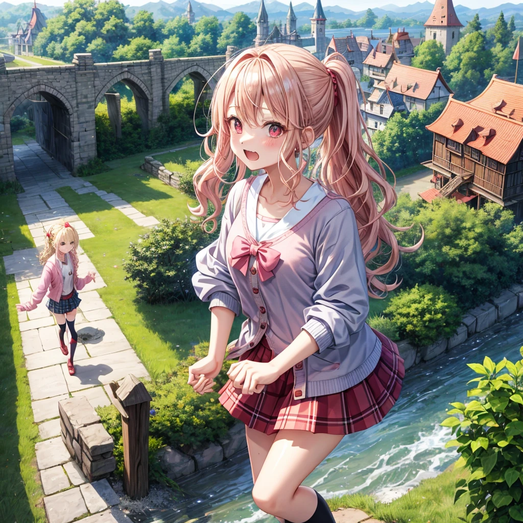 Pink Blonde、Red eyes、Wavy Hair、Hair tied up、Two cute、Checked mini skirt、black t-shirts、cardigan、Knee-high socks、Teeth are visible、Monster Castle、Tilting face、windmill、grass、Stones are growing out of the ground.、Holding hands with a teddy bear、In front of the city gates、Underground tunnels、Waterway、Wooden bridge、The stone is cracked