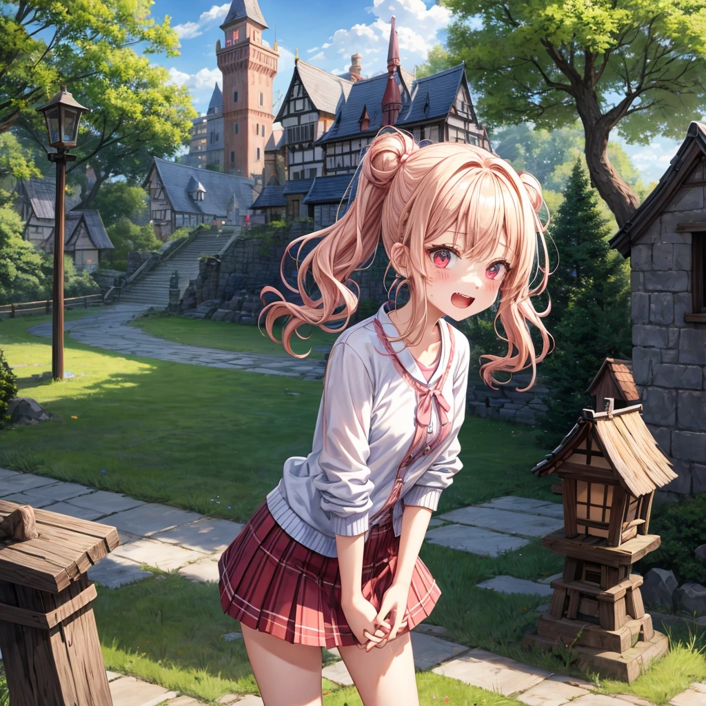 Pink Blonde、Red eyes、Wavy Hair、Hair tied up、Two cute、Checked mini skirt、black t-shirts、cardigan、Knee-high socks、Teeth are visible、Monster Castle、Tilting face、windmill、grass、Stones are growing out of the ground.、Holding hands with a teddy bear、In front of the city gates、Underground tunnels、Waterway、Wooden bridge、The stone is cracked