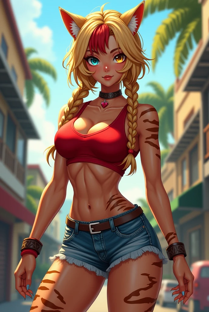 Heroine Very muscular woman body builder body of a professional fighter athletic great physical attributes brown skin with tanned tiger spots she has sun marks from her bra and thong panties in Vê, She is blonde with long hair with a single red fringe and has two long braids and cat ears., It has eyes of two different colors, the left one is pool blue and has a pool blue sclera, the right one is yellow and has a yellow sclera, both eyes have a cat&#39;s pupil, has black claws on its nails, she has a heart collar around her neck, She is wearing very typical Brazilian clothing, a red women&#39;s tank top, denim shorts and flip-flops.. Art style Vtuber 2.5D. Oriental art with super muscular body type 
