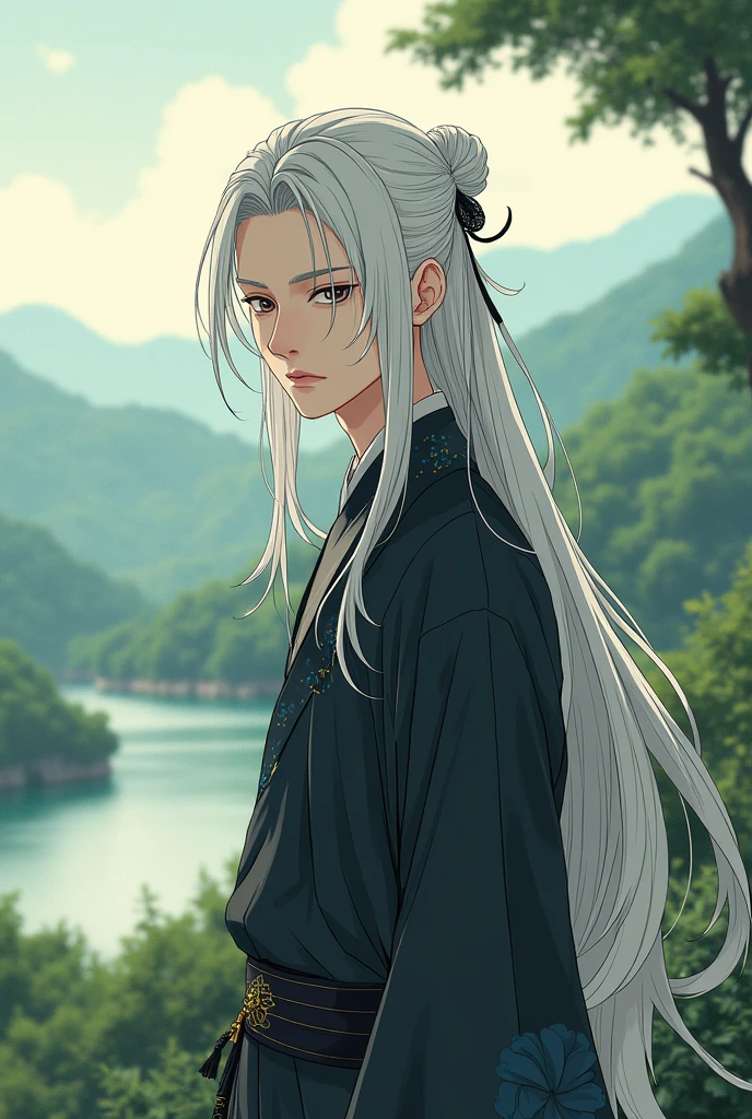 a young man, slim body, long white hair, idyllic scenery, slightly sad mood. wearing black and gray Chinese traditional clothes, close up, manga