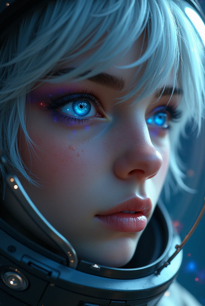 (Close-up of a better masterpiece:1.5)0.9], (Space and astronauts:1.2) (Messy silver hair:1.1) (Heterochromia xanthochromia and blue eyes:1.2) (Space Helmet:1.0) (Colored stars in the eyes:1.0) (A radiant glow:1.1) (thick lips:0.9)