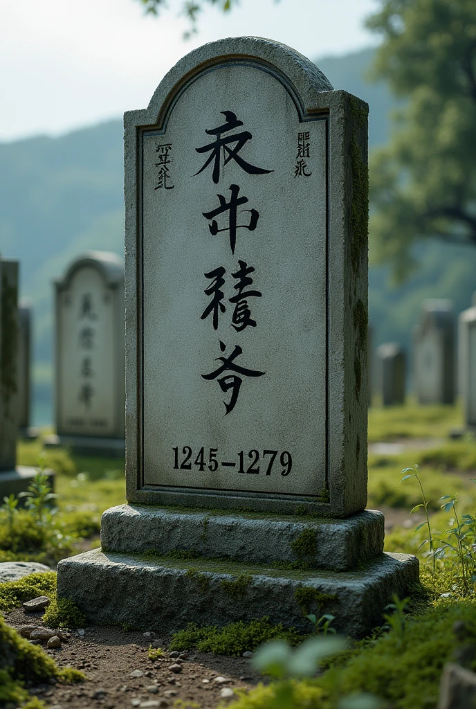 A tombstone of a Samurai named Jin Sakai, his name written in English. And his year of birth and death below his name reading "1245-1279"