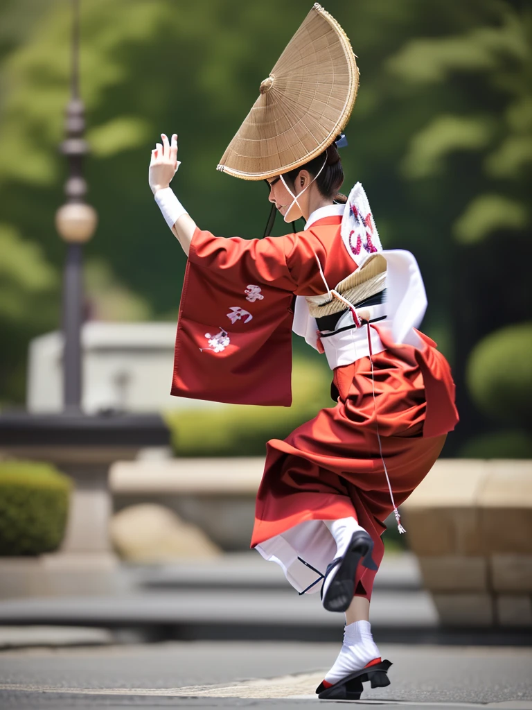 Photo-realistic quality、A woman wearing a pale pink kimono and a hat is in the park, traditional Japanese kimono, A professional masterpiece, Beautiful images, Japanese Model, Traditional Japanese Kimono Japanese Bon Odori,A soft and gentle look、Woman dancing Awa Odori、White Arms、Wearing black clogs