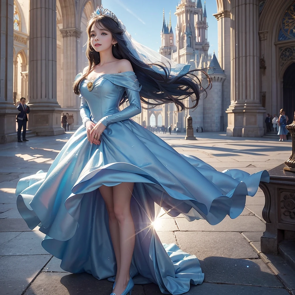 best quality, masterpiece, 1 girl, long hair, A huge laugh, cute , shiny lips, sweet, sun glare, Conservative attire, Disney Princess Cinderella, Blue dress,Blue shoes, Bridal Tiara, depth of field, blurred background, Cathedral Background, light particles, strong wind, head tilt