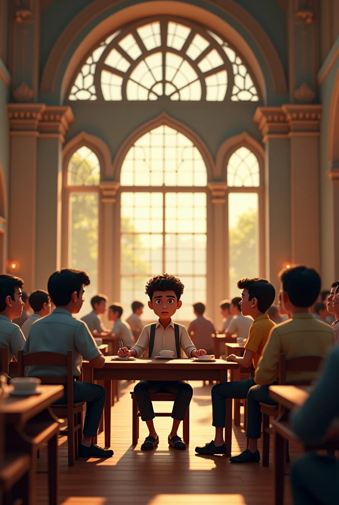 In cinematic 3D cartoon style: Scene: A young Ambedkar is now in college, sitting alone at a table in the cafeteria. The setting is a colonial-era college with grand architecture. The animation shows him surrounded by other students, who are seated in groups at different tables, casting judgmental looks. Ambedkar’s expression is one of resolve, as he quietly endures the isolation, determined to succeed despite the discrimination."