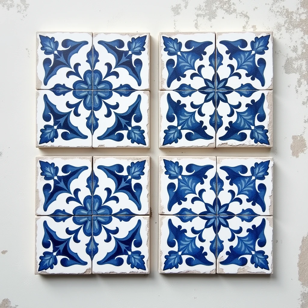 A grayscale artwork of a set of four canvas prints. Each print features a blue and white tile pattern. The patterns are geometric and floral, with each tile framed in a white border. The overall effect is one of symmetry and balance. The background is a rustic, distressed white, giving the artwork a vintage feel.