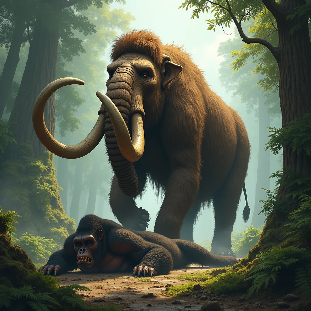 Mammouth standing on a dead gorila that it fought in a forest