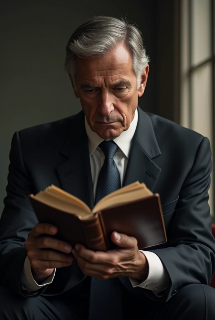 man looking down dressed in a suit with a bible in his hand